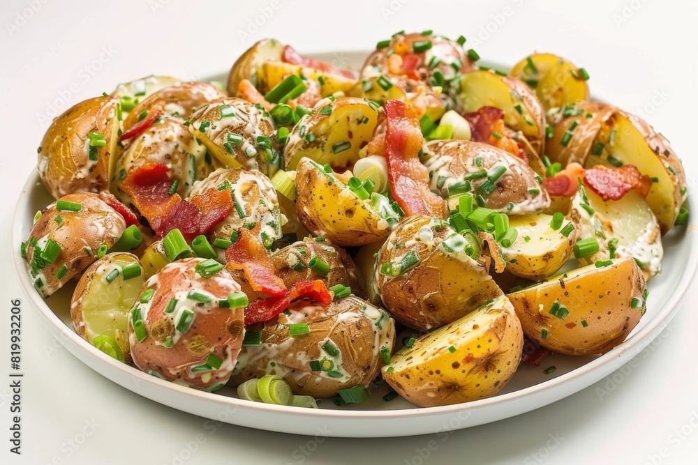 Flavor-packed Bacon and Ranch Potato Salad with Charred Potato Skins and Green Garnishes Flavor-packed Bacon and Ranch Potato Salad with Charred Potato Skins and Green Garnishes