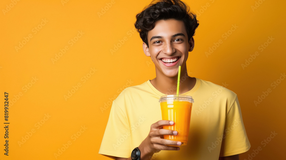 young Indian man holding orange juice glass