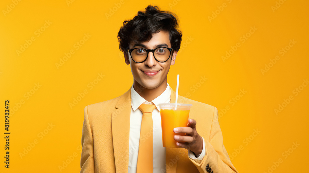 young Indian man holding orange juice glass