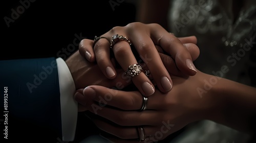 **A romantic shot of the bride and groom holding hands with their wedding rings