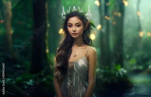 Asian elf. most pretty elf maiden in the woods. Princess elven woman elf portrait. Fantasy lush bokeh forest background.