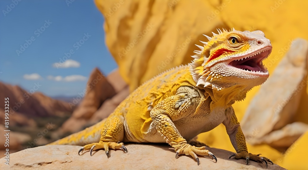 Fototapeta premium Central bearded dragon sitting on yellow rock with open mouth and clean yellow background 