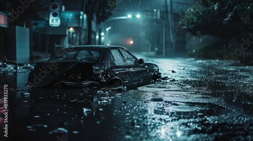 car drives through a rainy city street at night. The rain is reflecting the lights of the city.