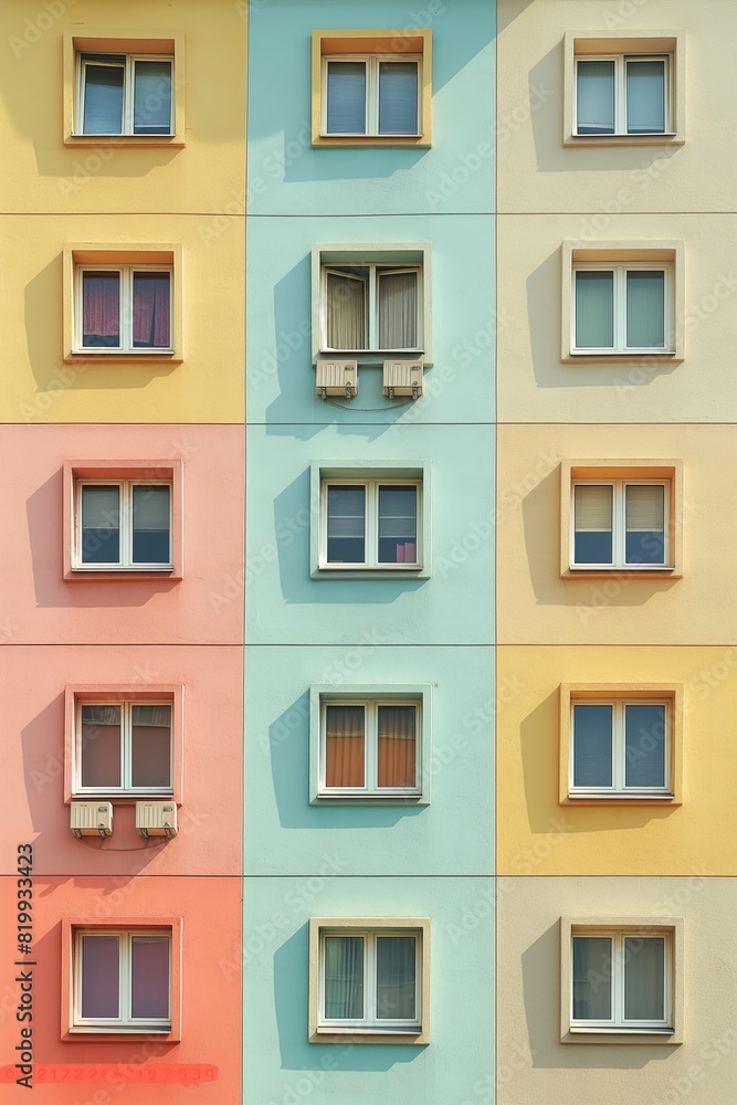 A row of colorful apartment buildings with windows of different colors