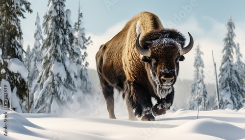 Bison thick fur covered with frost and snow, Bison walks in extreme winter weather, standing above snow with a view of the frost mountains