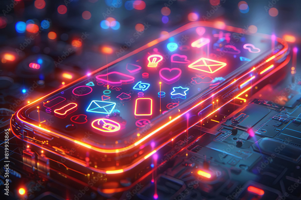 Smartphone screen with neon icons, signifying technology neon selective focus, connectivity, realistic, Manipulation, dark room backdrop, closeup Smartphone screen with neon icons, signifying technology neon selective focus, connectivity, realistic, Manipulation, dark room backdrop, closeup