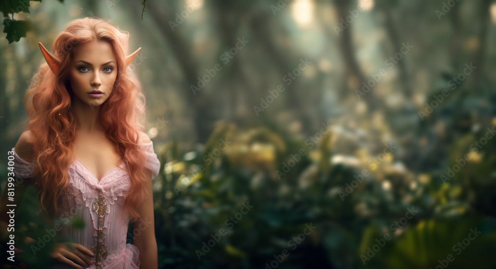 Red haired elf. most pretty elf maiden in the woods. Princess elven woman elf portrait. Fantasy lush bokeh forest background.