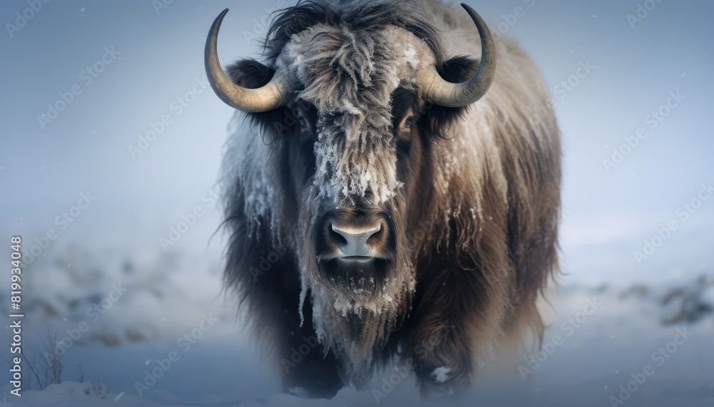Bison thick fur covered with frost and snow, Bison walks in extreme winter weather, standing above snow with a view of the frost mountains Bison thick fur covered with frost and snow, Bison walks in extreme winter weather, standing above snow with a view of the frost mountains
