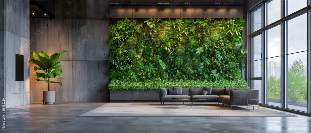 Green living wall with perennial plants in modern office. Urban gardening landscaping interior design. Fresh green vertical plant wall inside office
