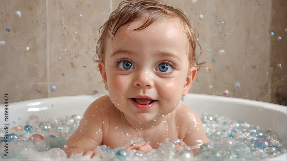 Blue-eyed baby in a bath with soap bubbles