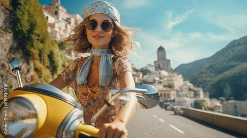 A girl rides a stylish scooter down an Amalfi Coast road.	
