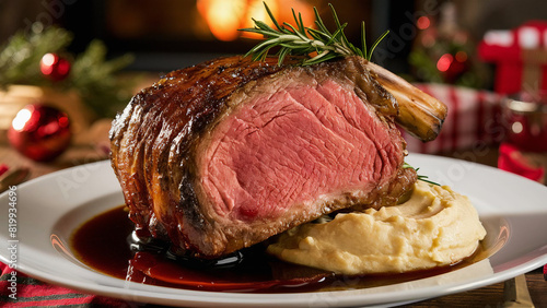 Delicious roasted medium rare prime rib on a plate served with mashed potatoes. Traditional American cuisine holiday food concept.