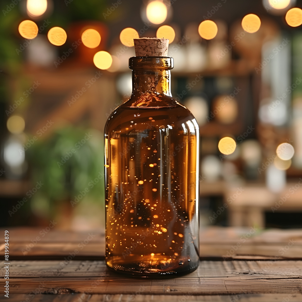 Glass bottle filled with liquid on wooden table Glass bottle filled with liquid on wooden table