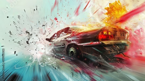 Artistic illustration of a red retro car driving at high speed through a blue and white abstract background.