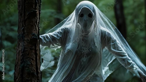 scary female white ghost without a face in the forest photo