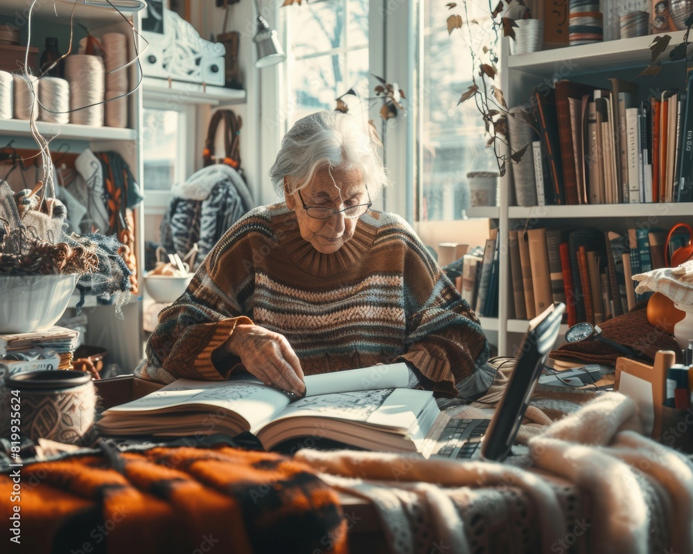 Elderly Woman Crafts Intricate Sweater in a Cozy, Sunlit Workshop Full of Yarns, Embracing the Tradition of Textile Artistry