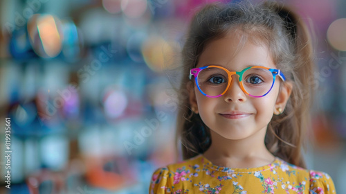 Indian girl wearing colorful glasses in a optician shop