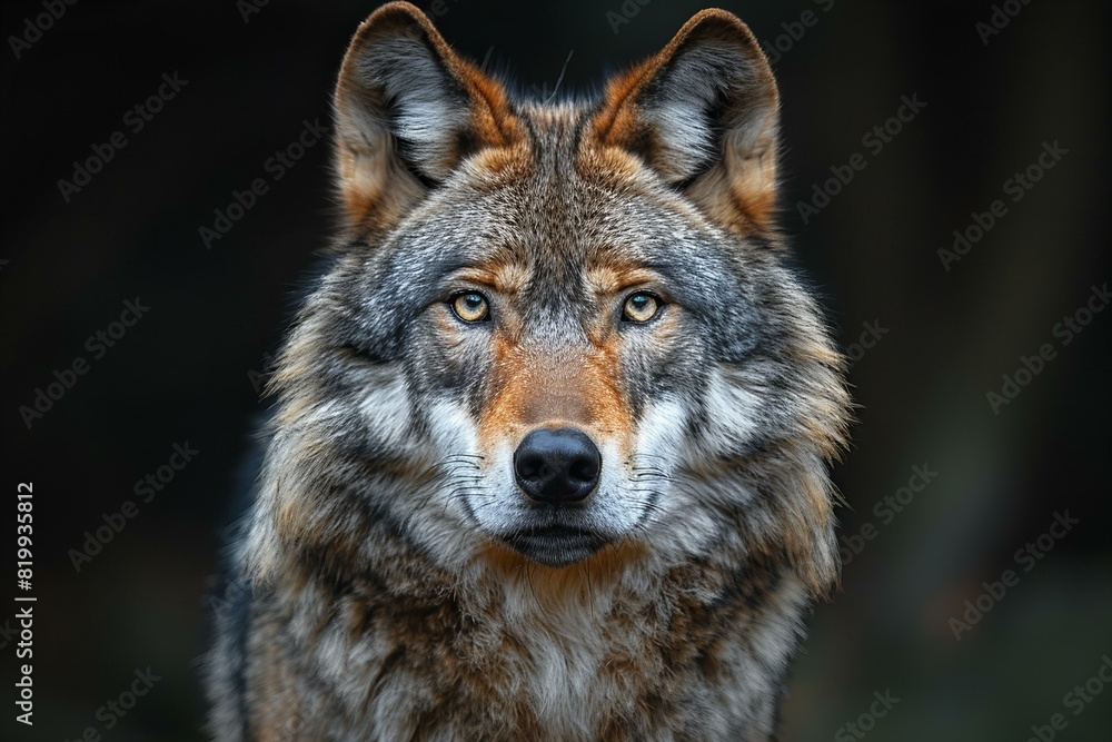 Depicting a  wolf or wolf dog behind a dark background, high quality, high resolution