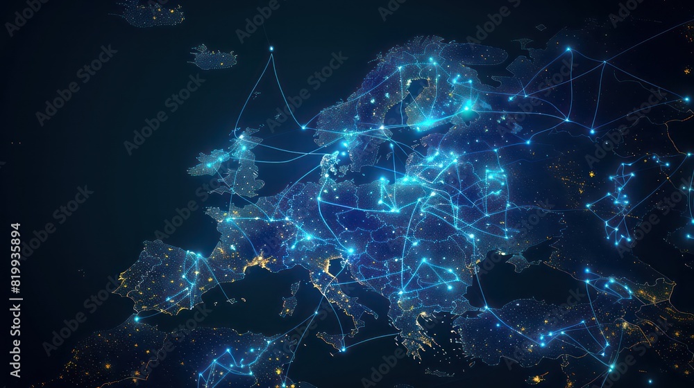 european map with dots and lines related with global network, connectivity and information

