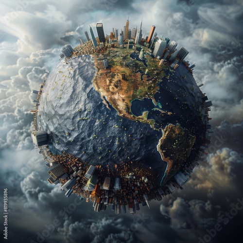 Round globe with big city buildings. Urban Earth planet.