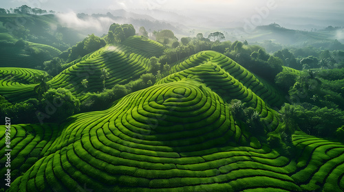 Aerial view of lush green field. Tea plantation