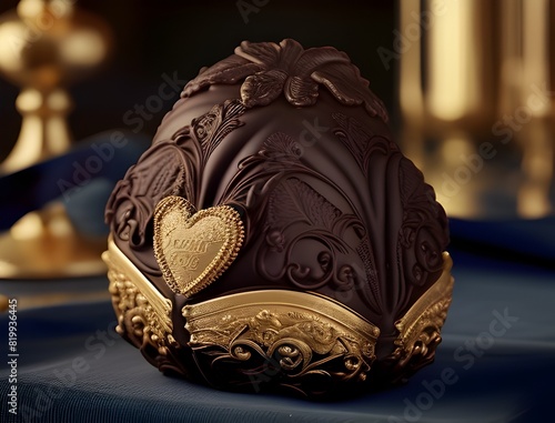 Exquisite Chocolate Bonbon with Ornate Gilded Detailing Evoking Luxurious Decadence in a Rococo Inspired Setting