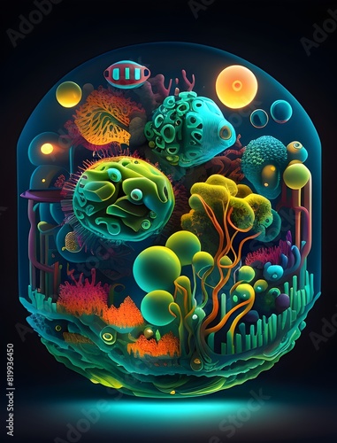 Fantastical Bioluminescent Microbial Colony A Surreal Microscopic Dreamscape in Digital