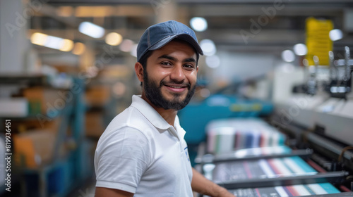Young indian male employee standing at printing press factory photo
