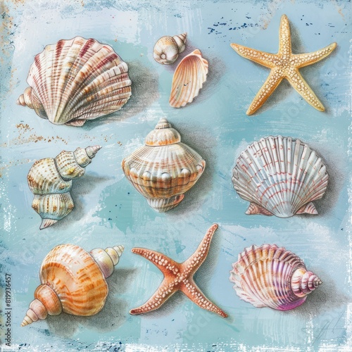 Collection of unique seashells and starfish, underwater fantasy, soft pastels, sketch style, dreamy effect