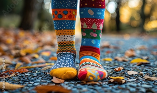 Child wearing different colored socks and white sneakers in an outdoor setting. Highlighting Odd Socks Day, Anti-Bullying Week, and Down syndrome awareness photo