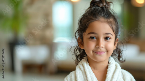 smiling Indian kid girl wearing white bathrobe, white and light green blur beauty spa in background