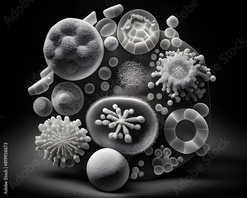 Rendered Cluster of Microscopic Bacterial Organisms Showcasing Their Unique Shapes and Patterns in a Striking Monochromatic Visual Style Evoking