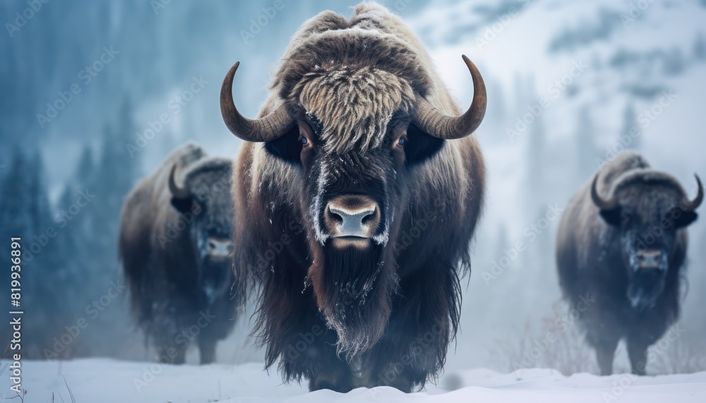 Naklejka premium Bison thick fur covered with frost and snow, Bison walks in extreme winter weather, standing above snow with a view of the frost mountains