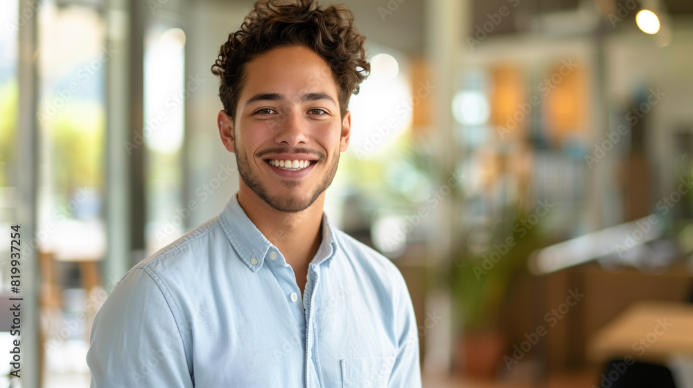 Smiling young man with curly hair in modern office environment.. Smiling young man with curly hair in modern office environment..