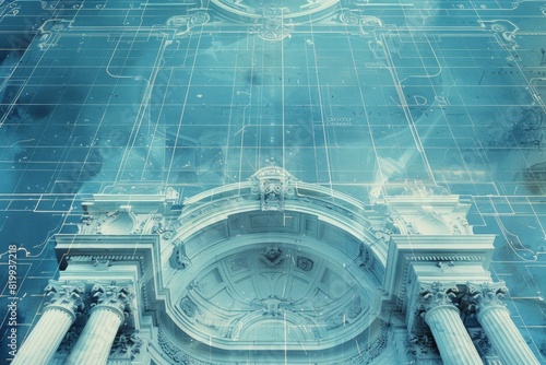 Vintage-Style Blueprint of Classic Architectural Design Using Cyanotype Process