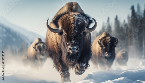 Bison thick fur covered with frost and snow, Bison walks in extreme winter weather, standing above snow with a view of the frost mountains