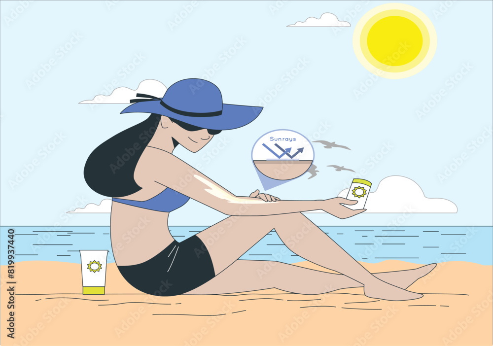 Smiling mixed race woman on beach holiday using sunscreen cream. healthy outdoor leisure time by the sea. Woman applying sunscreen on a sunny day

