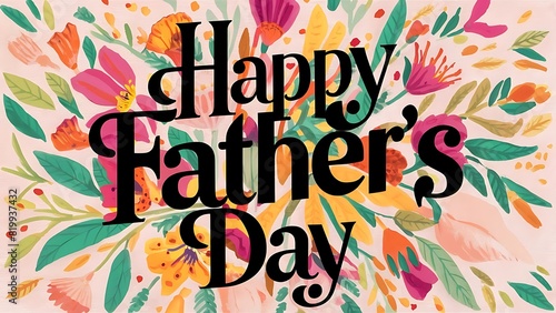 Happy Father's Day typography greeting card with colorful flowers and leaves. Fathers Day wishes concept lettering background
