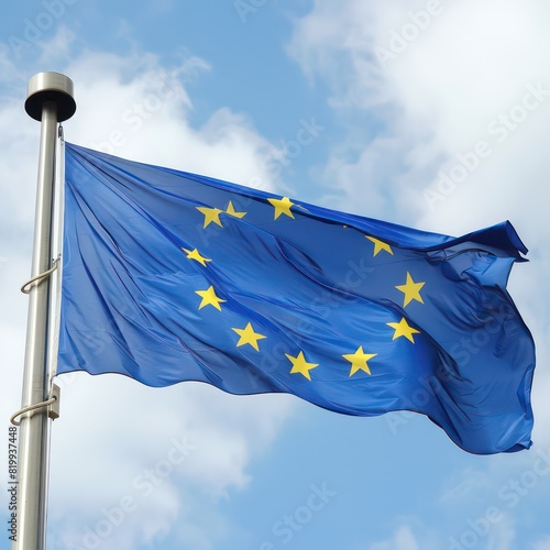european union flag waving in the wind high on a pole