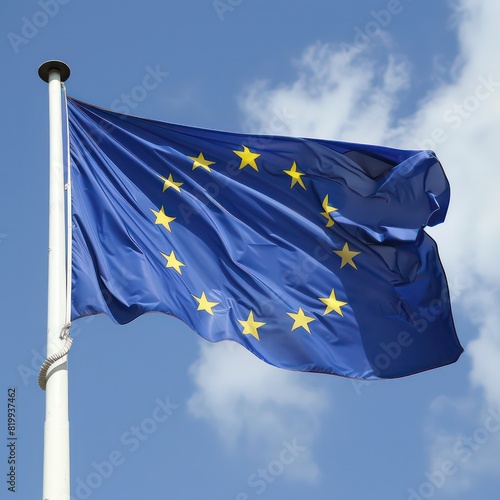 european union flag waving in the wind high on a pole