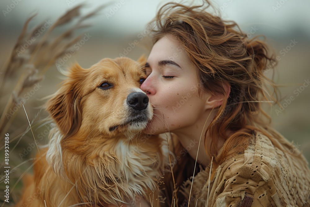 Depicting a  woman kisses her dog with her lips at the end of a grassy field