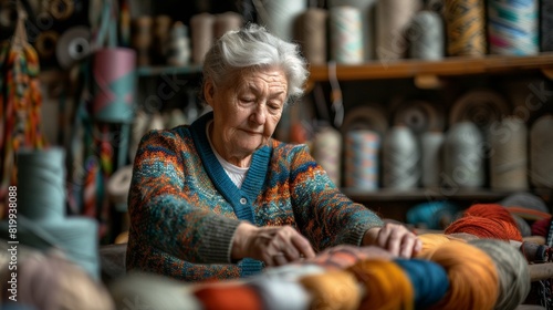 Elderly Caucasian Woman Artisan Knitting in a Cozy Workshop, Surrounded by Colorful Yarn During Daytime