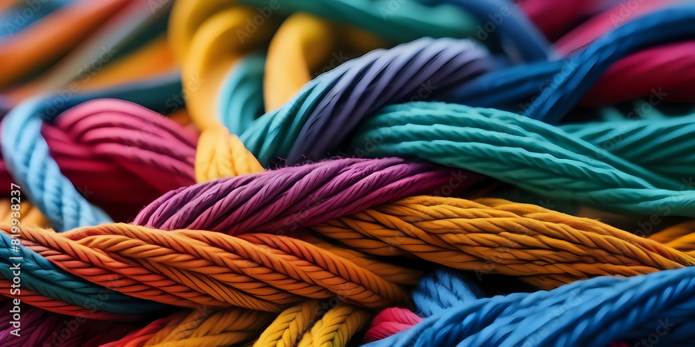 Team Rope, Diverse Strength, Bonding Partnership Together, Teamwork, Unity, Communication, Support. The concept of the strong diverse network rope team integrates the colorful braid background coopera