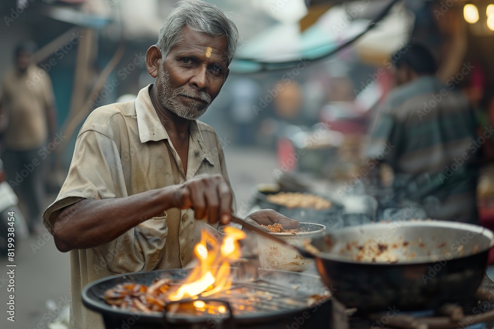 Fototapeta premium Elderly Man Preparing Food at a Street Market