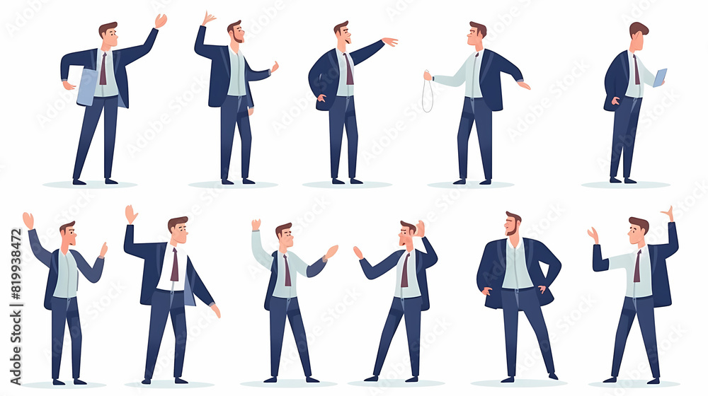 Set of businessman character vector design. Presentation in various action with emotions, running, standing and walking. People working in office planning, thinking and economic analysis Set of businessman character vector design. Presentation in various action with emotions, running, standing and walking. People working in office planning, thinking and economic analysis