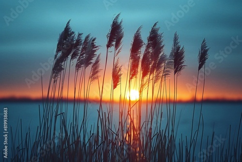 Reed plants silhouetted , high quality, high resolution