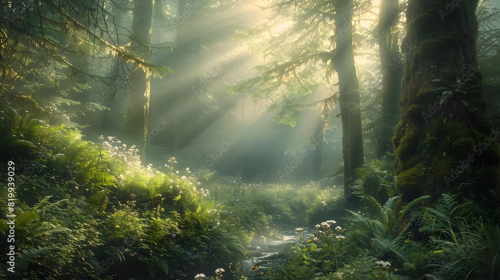Obraz premium Serene Misty Forest at Dawn: A Haven of Peace and Tranquility