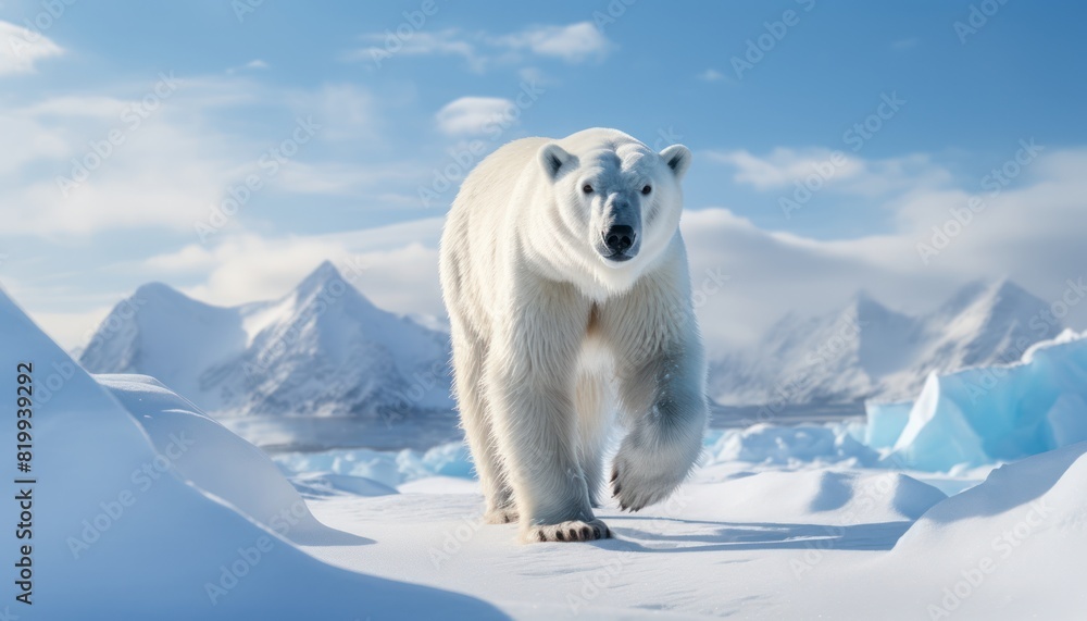 Polar bears walks in extreme winter weather, standing above snow with a view of the frost mountains Polar bears walks in extreme winter weather, standing above snow with a view of the frost mountains
