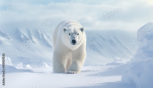 Polar bears walks in extreme winter weather, standing above snow with a view of the frost mountains