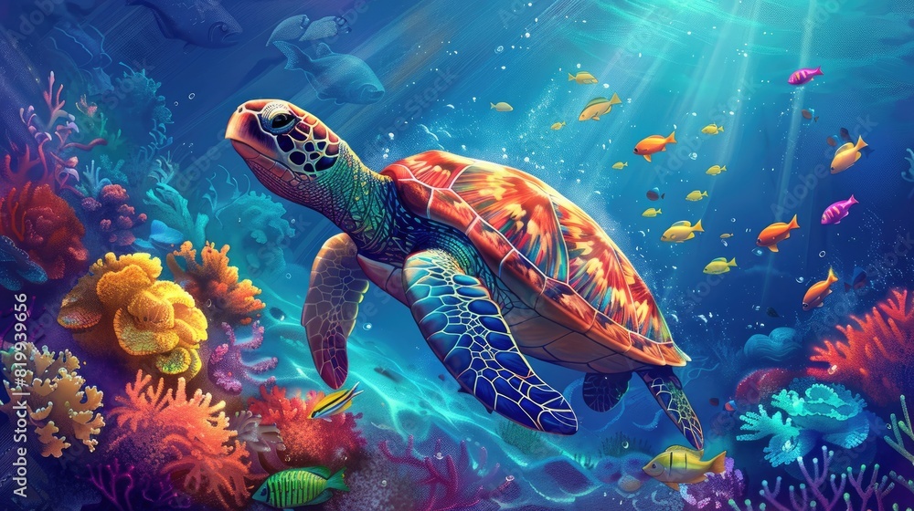 Fototapeta premium A colorful turtle swimming in a coral reef with a variety of fish swimming around it. Scene is lively and vibrant, with the bright colors of the coral and the fish creating a sense of energy
